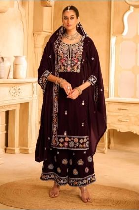 Purple  Embroidered Velvet Palazzo Suit PZ4154