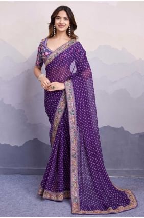 Purple Embroidered,printed Georgette Saree SR28685