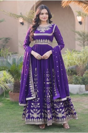 Georgette Purple Gown Dress in Embroidered GW1344
