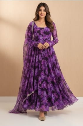 Purple Georgette Printed Gown Dress with Dupatta GW1213