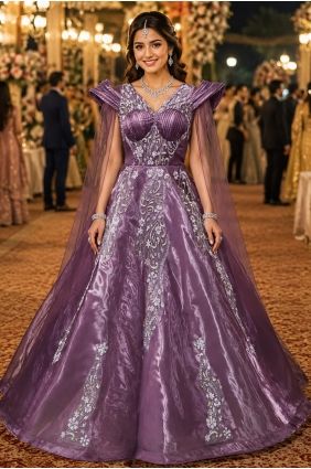 Gown Dress in Purple Net with Embroidered GW1297