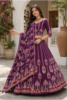 Lehenga Choli in Purple Cotton with Printed LC9269
