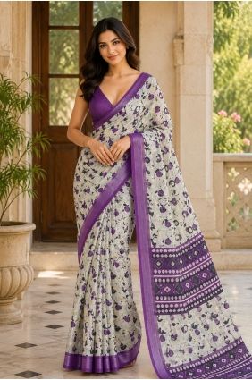 Purple Printed Saree in Linen SR30184
