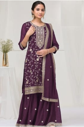 Silk Embroidered Purple Palazzo Suit with Dupatta PZ4213
