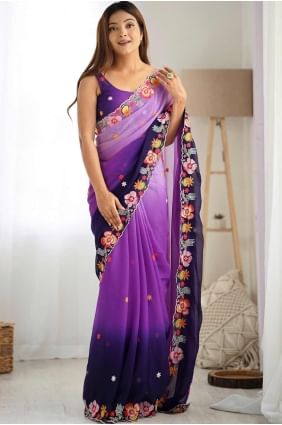 Purple Saree in Embroidered Georgette SR28384