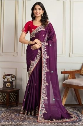 Embroidered Georgette Saree in Purple with Blouse SR28926