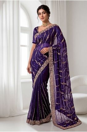 Hand,sequins Silk Saree in Purple SR30193