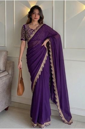Embroidered,lace Saree in Purple Silk SR30053