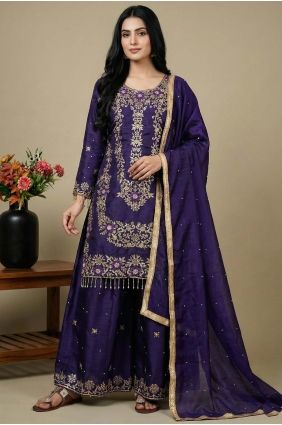 Silk Palazzo Suit in Purple with Sequins PZ4386