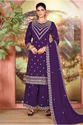 Purple Palazzo Suit with Sequins Silk PZ4418