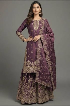 Sequins Sharara Suit in Purple Silk SS1319