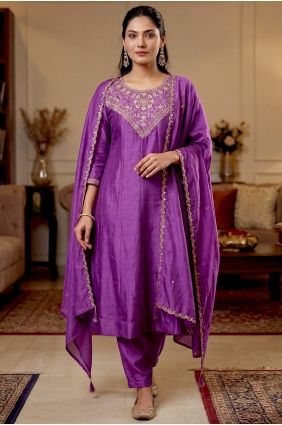 Embroidered Silk Purple Salwar Kameez with Dupatta SK15850
