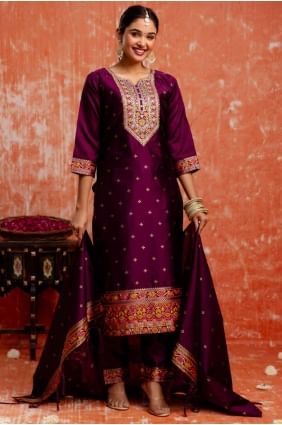 Purple Silk Embroidered Straight Suit with Dupatta SK155641