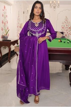 Purple Straight Pant Suit in Embroidered Silk SK155180