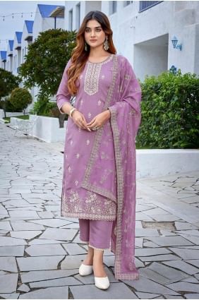 Purple Straight Suit in Digital print Chanderi SK155408