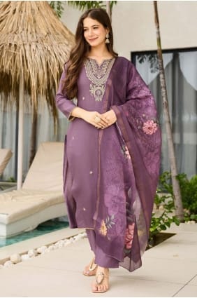 Purple Salwar Kameez in Embroidered Viscose SK155877