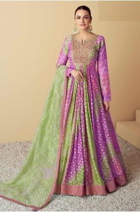Purple and green  Gown Dress in Muslin with Embroidered GW1085