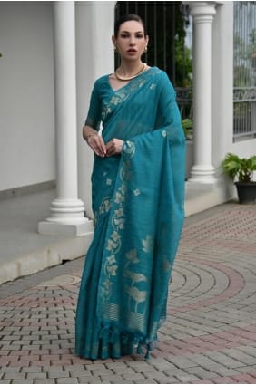 Rama blue Saree with Zari Linen SR29601