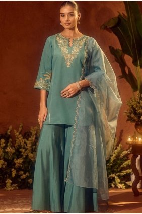 Embroidered Silk Palazzo Suit in Rama with Dupatta PZ4530