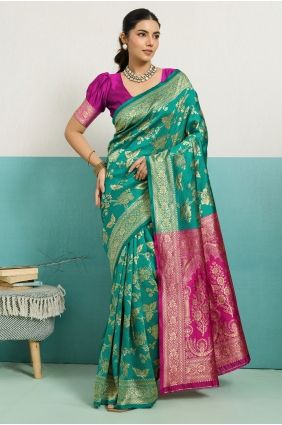 Zari Banarasi silk Saree in Rama green with Blouse SR29731