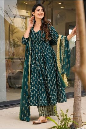 Muslin Anarkali Suit in Rama with Printed AS4313