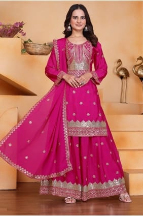 Rani pink Chiffon Embroidered Palazzo Suit with Dupatta PZ4244
