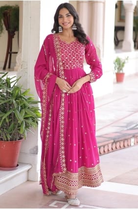 Gown Dress in Rani pink Faux georgette with Sequins GW1204
