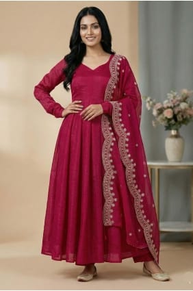 Rani pink Silk Sequins Salwar Kameez with Dupatta AS4208
