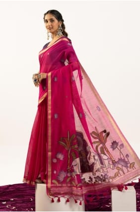 Cotton Rani pink Saree in Zari SR29597