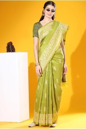 Weaving Saree in Mehendi green Raw silk SR29282