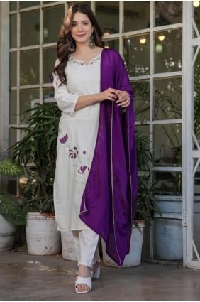 Rayon Embroidered Off white  Straight Pant Suit with Dupatta SK155245