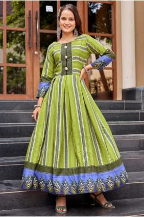 Weaving Rayon Gown Dress in Parrot green with Dupatta GW1177
