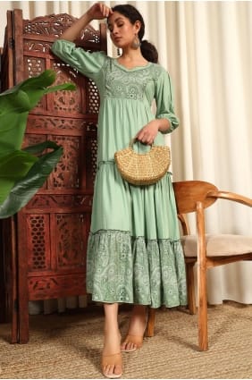 Pista green Gown Dress in Printed Rayon GW1198