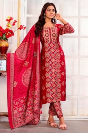 Printed Rayon Salwar Kameez in Maroon with Dupatta SK156135