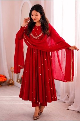 Red Anarkali Suit in Silk with Embroidered AS4367
