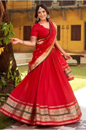 Kundan Chanderi Lehenga Choli in Red with Dupatta LC8900
