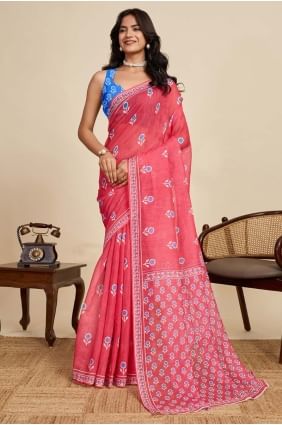 Red Saree with Digital print Linen SR28903