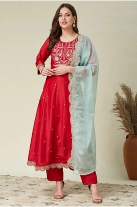 Red Embroidered Anarkali Suit in Silk AS4232