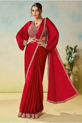 Saree in Red Satin with Hand SR29169