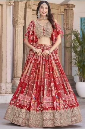 Chinon chiffon Lehenga Choli with Digital print in Red LC8552