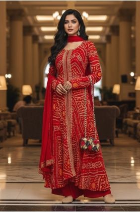 Embroidered Palazzo Suit in Red Jacquard PZ4480
