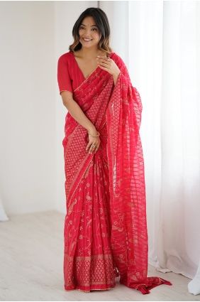Georgette Lace Red Saree with Blouse SR30011
