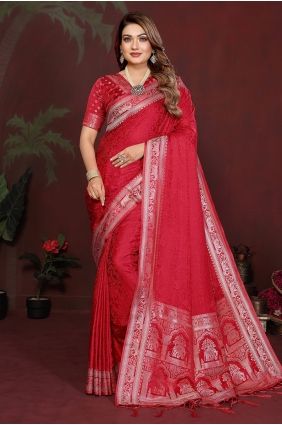 Red Satin Zari Saree with Blouse SR29921