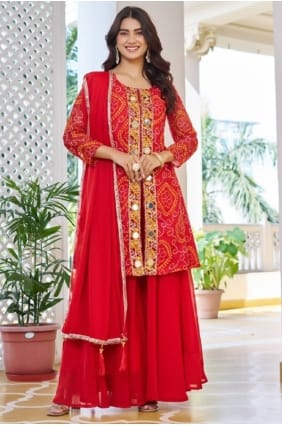 Sharara Suit in Red Faux georgette with Mirror SS1289