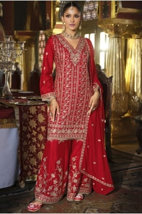Red Chiffon Sharara Suit with Stone with moti SS1298