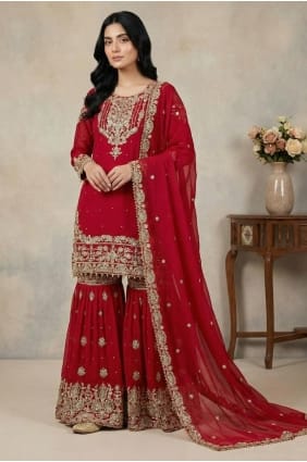 Red Sharara Suit in Faux georgette with Thread SS1345
