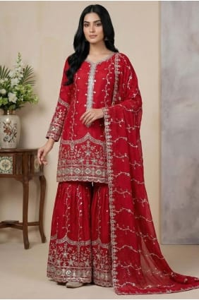 Silk Sequins Red Sharara Suit with Dupatta SS1337