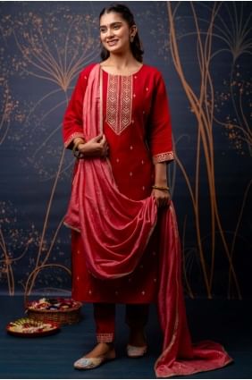 Red Silk Embroidered Straight Pant Suit with Dupatta SK155612