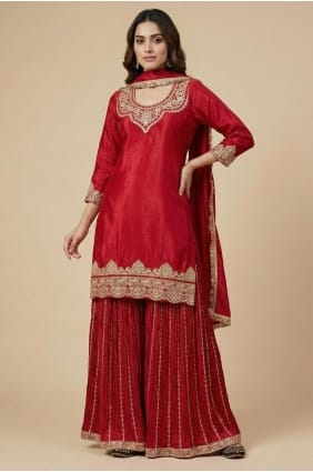 Red Sequins Silk Patiala Suit PZ4265