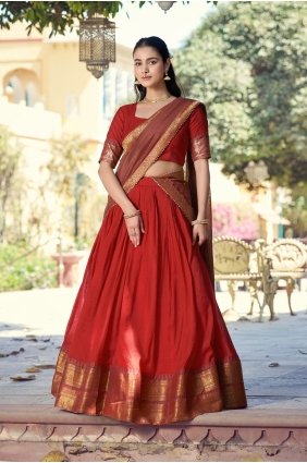 Zari Poly cotton Lehenga Choli in Red LC9247